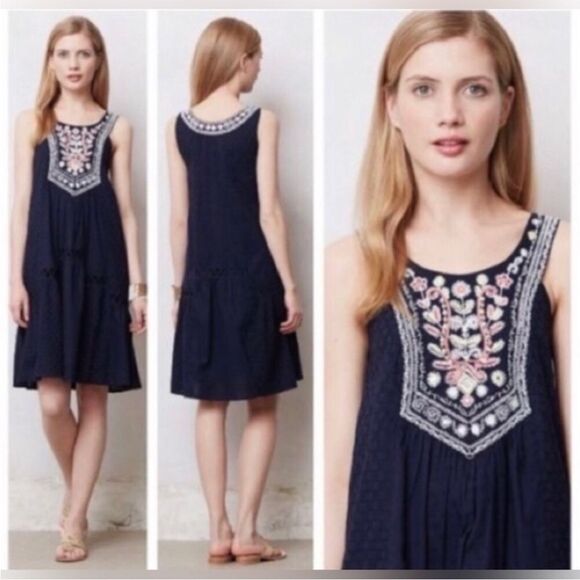 Anthropologie Maeve Tisa Blue Boho Embroidered Pullover Swing Dress Cottagecore - Picture 3 of 14